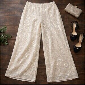 House of Harlow 1960 Creme Sequin Wide Leg Pants High Rise Evening Party Size 8